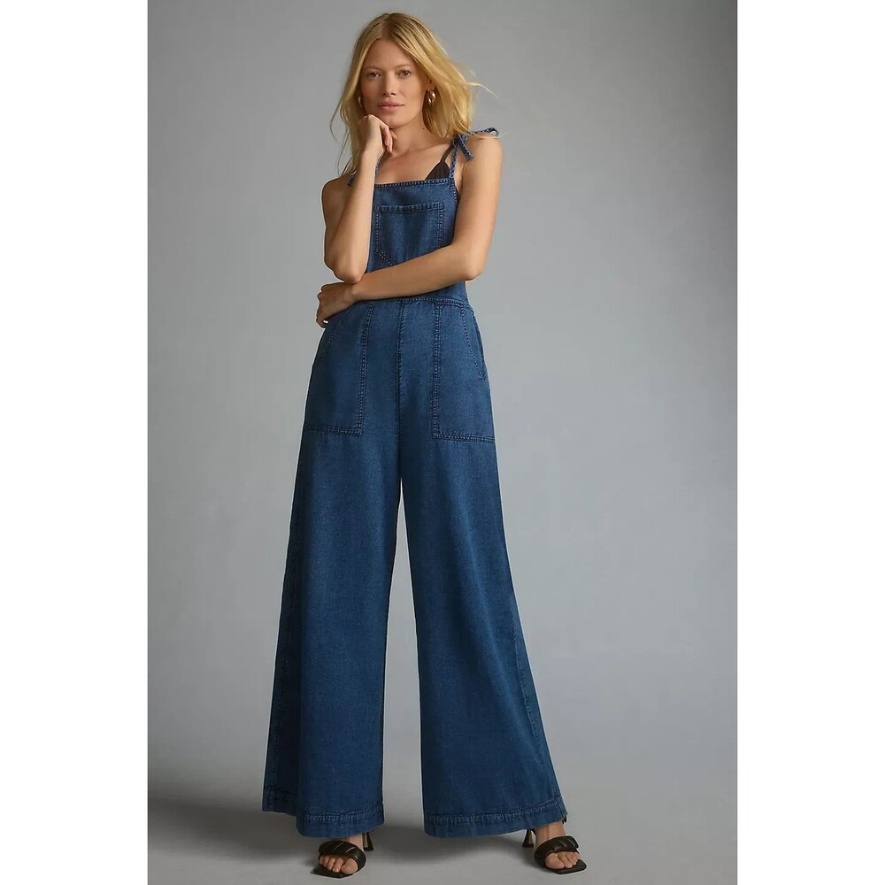 By Anthropologie Wide-Leg Denim Jumpsuit Utility Sleeveless Cotton XS 288898